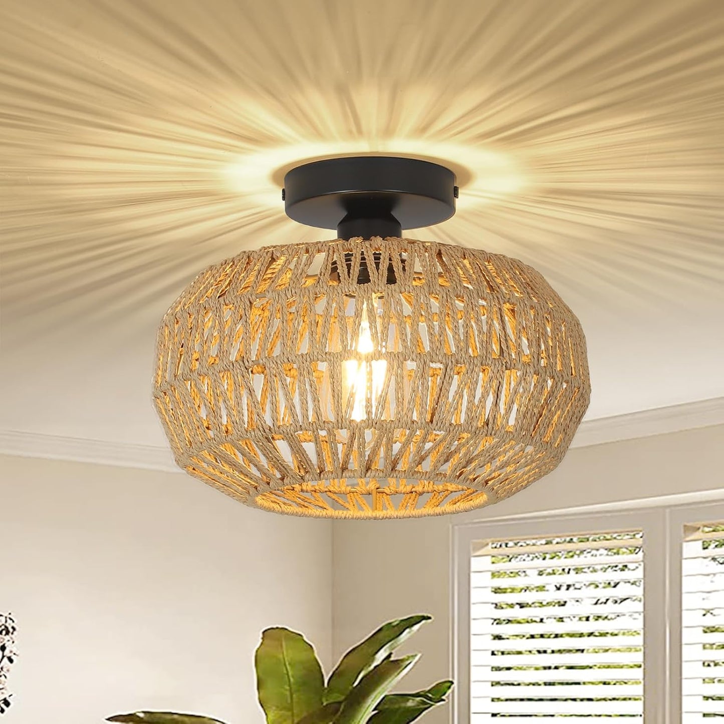 Boho Rattan Ceiling Light Fixture