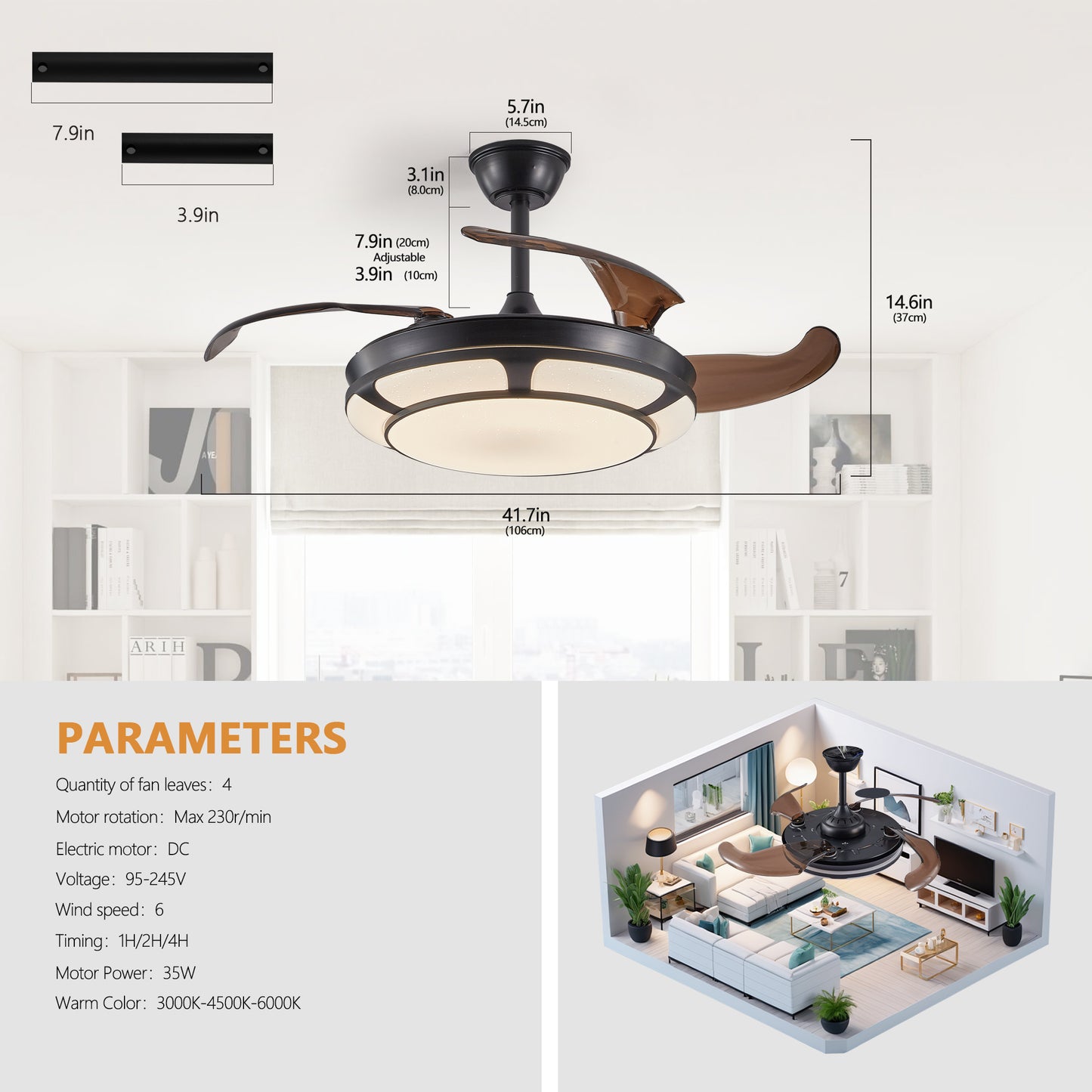 Retractable Fan with LED Fixtures