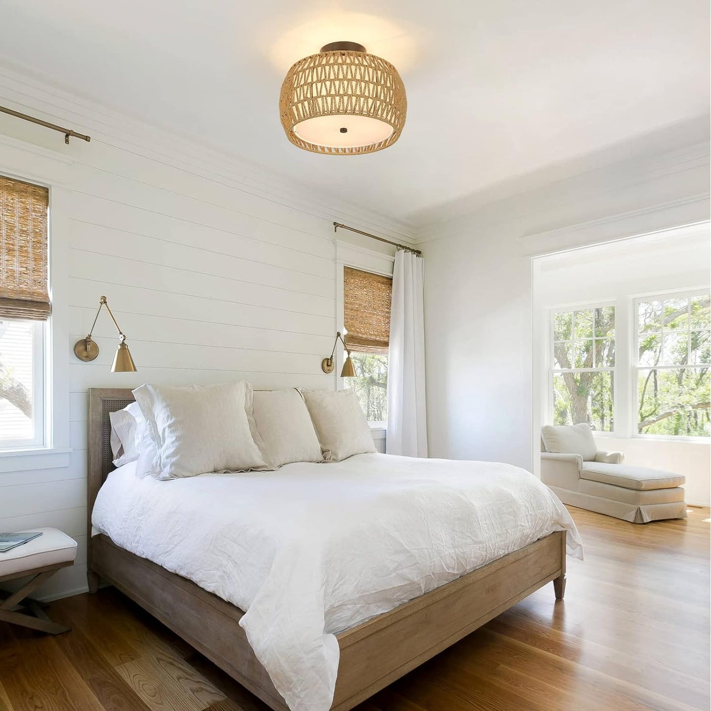 Boho Rattan Semi-Flush Mount Ceiling Light