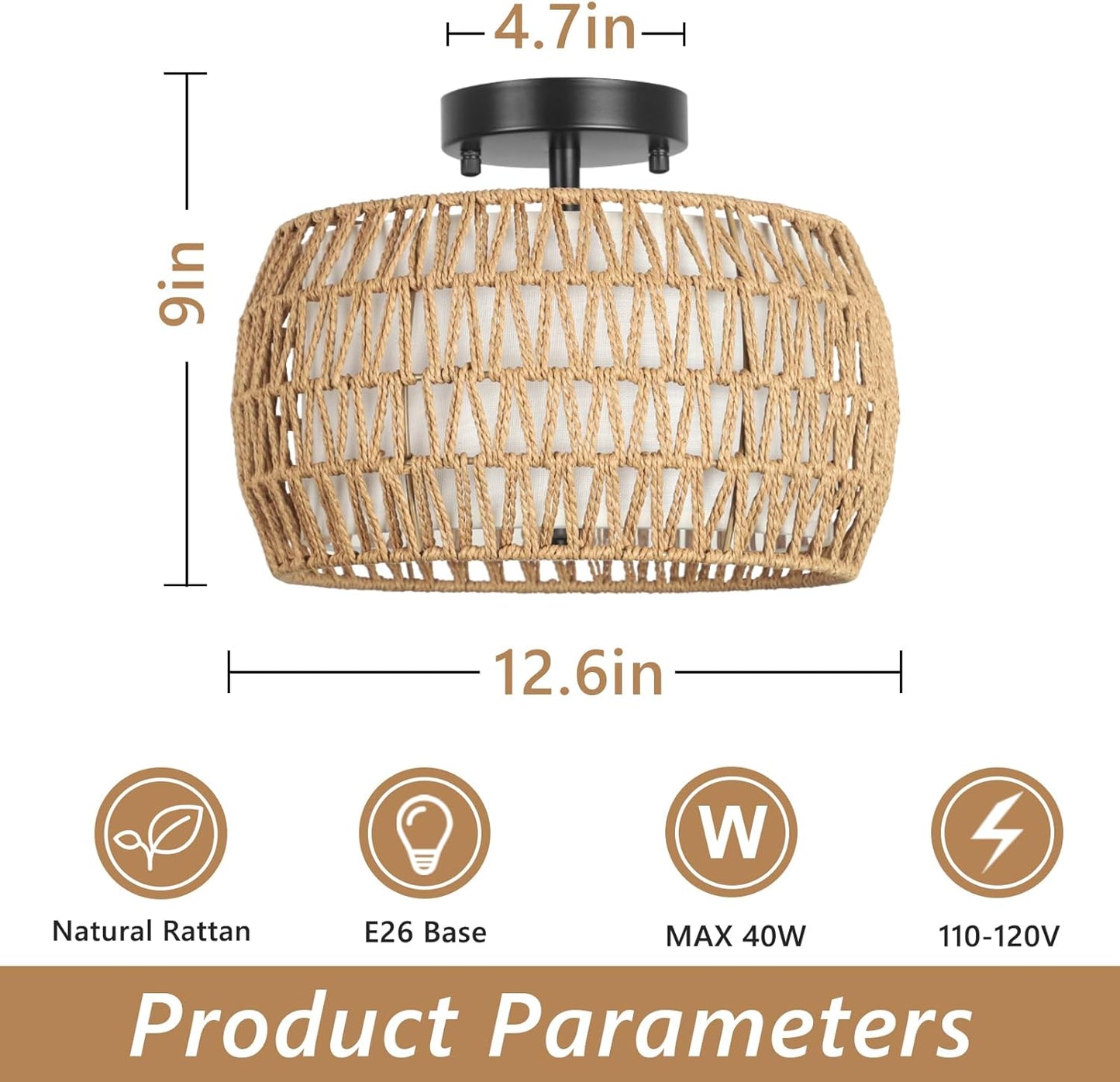 Boho Rattan Semi-Flush Mount Ceiling Light