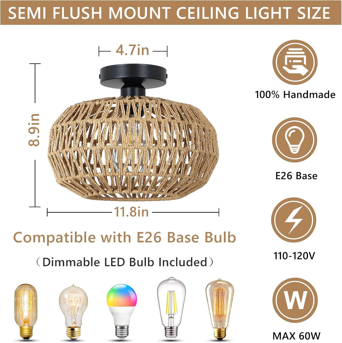 Boho Rattan Ceiling Light Fixture