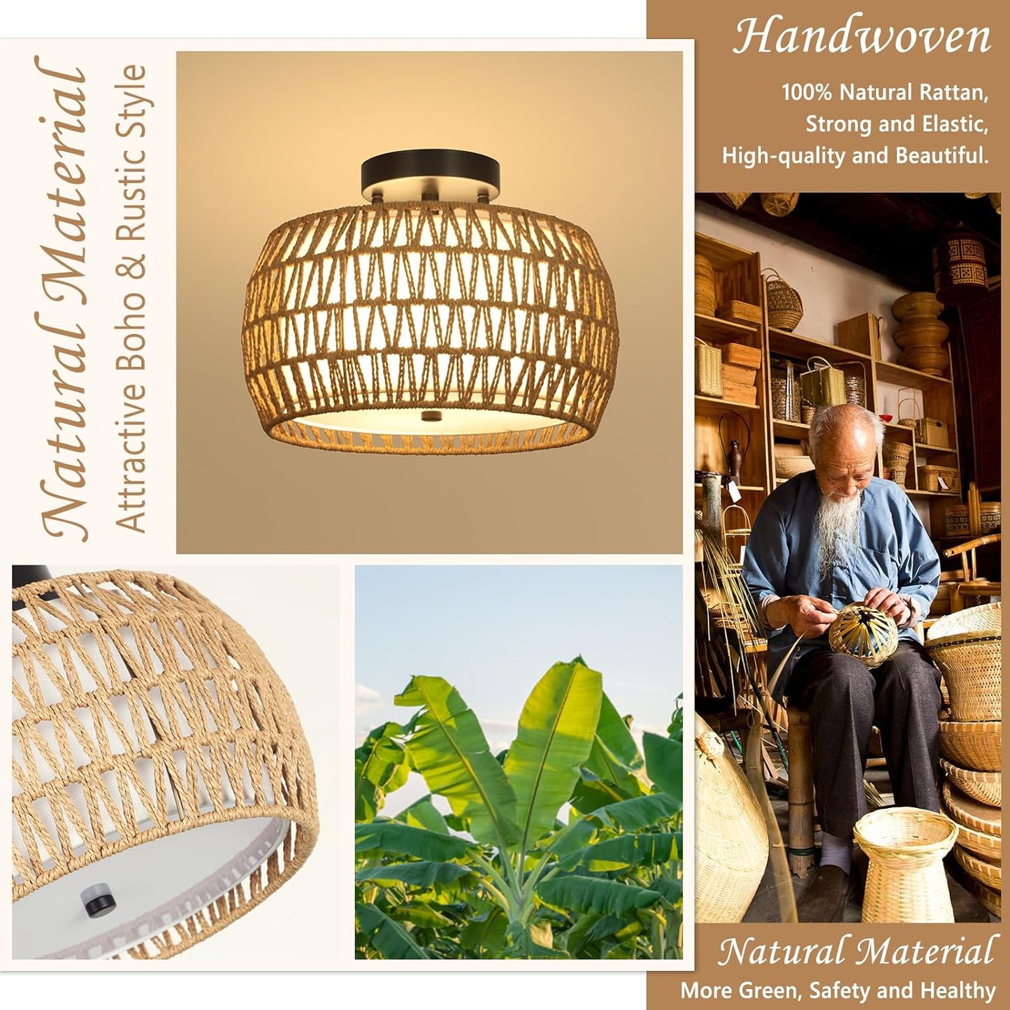 Boho Rattan Semi-Flush Mount Ceiling Light