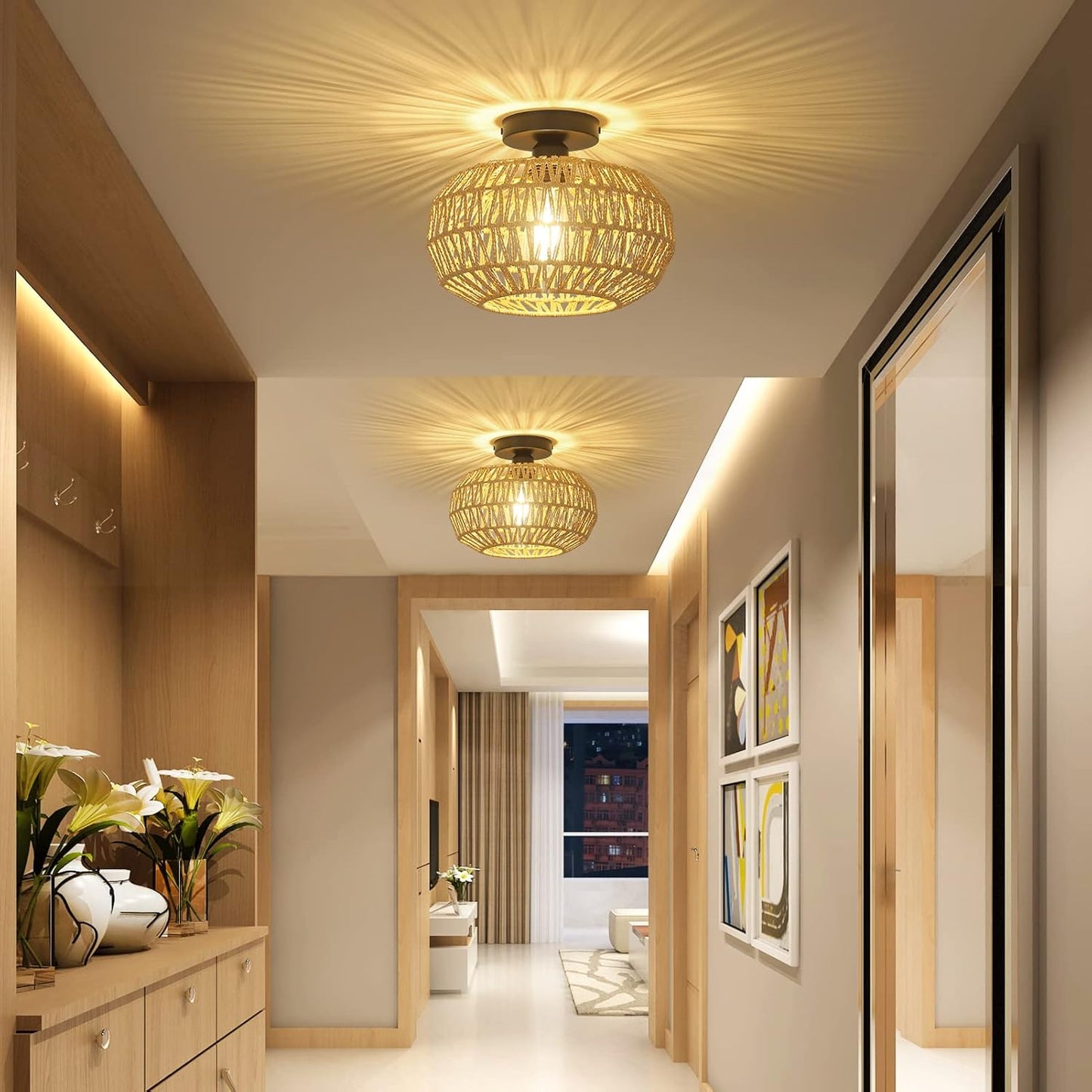 Boho Rattan Ceiling Light Fixture