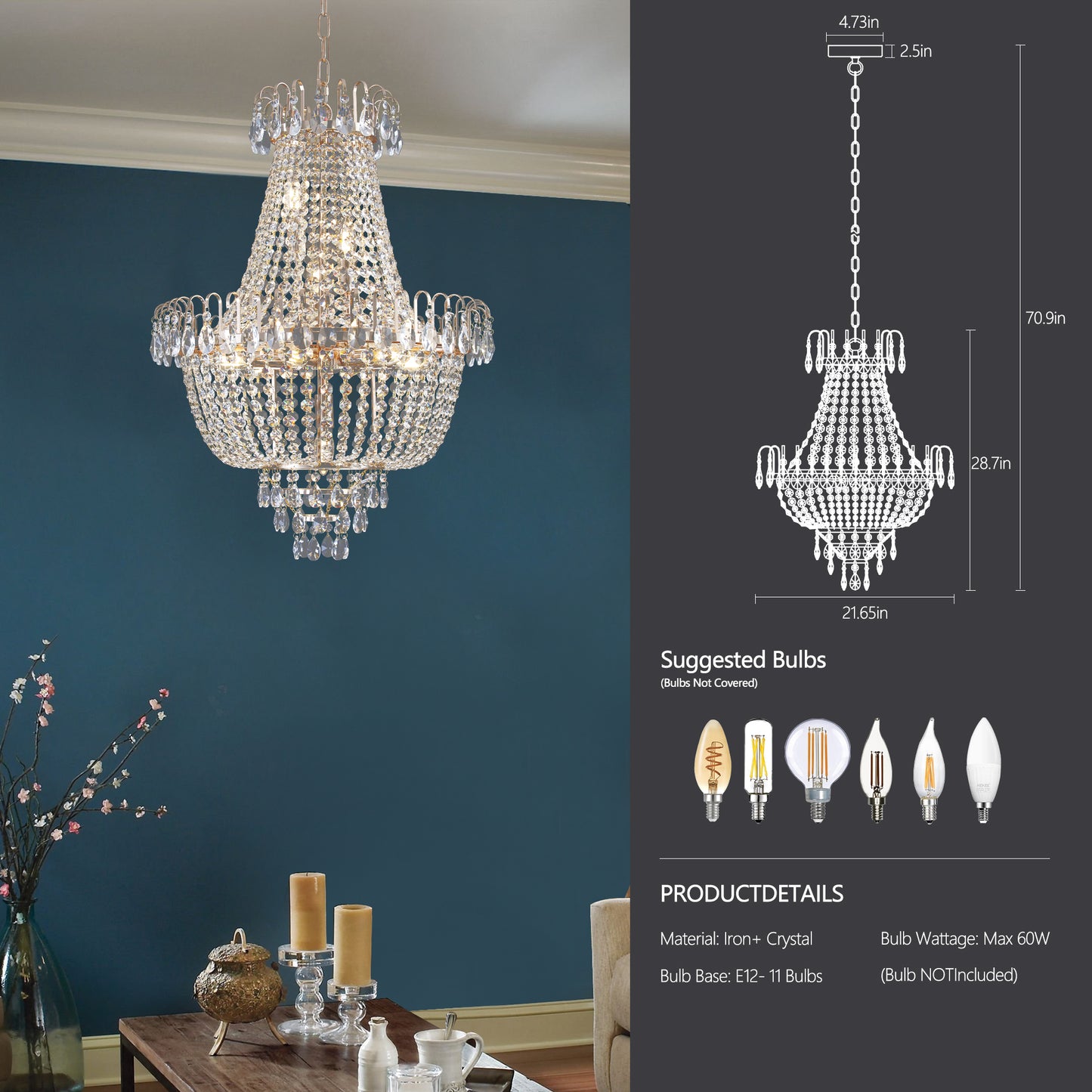 Golden crystal pendant light, large modern luxury ceiling lighting