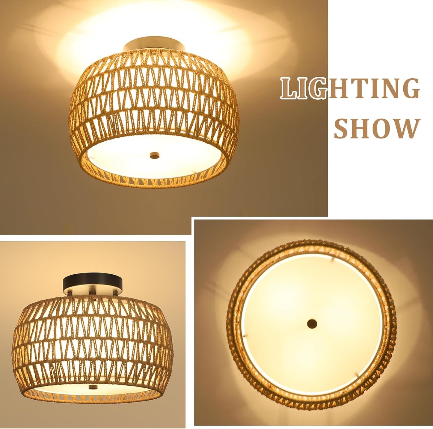 Boho Rattan Semi-Flush Mount Ceiling Light
