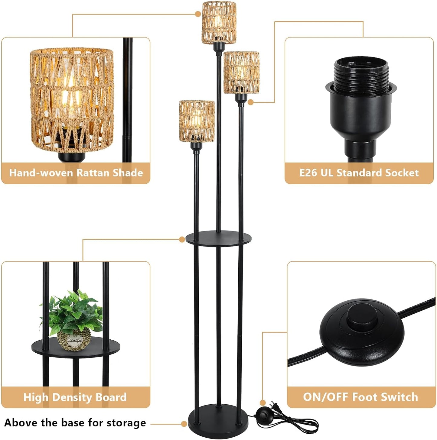 Boho Floor Lamp with Shelves