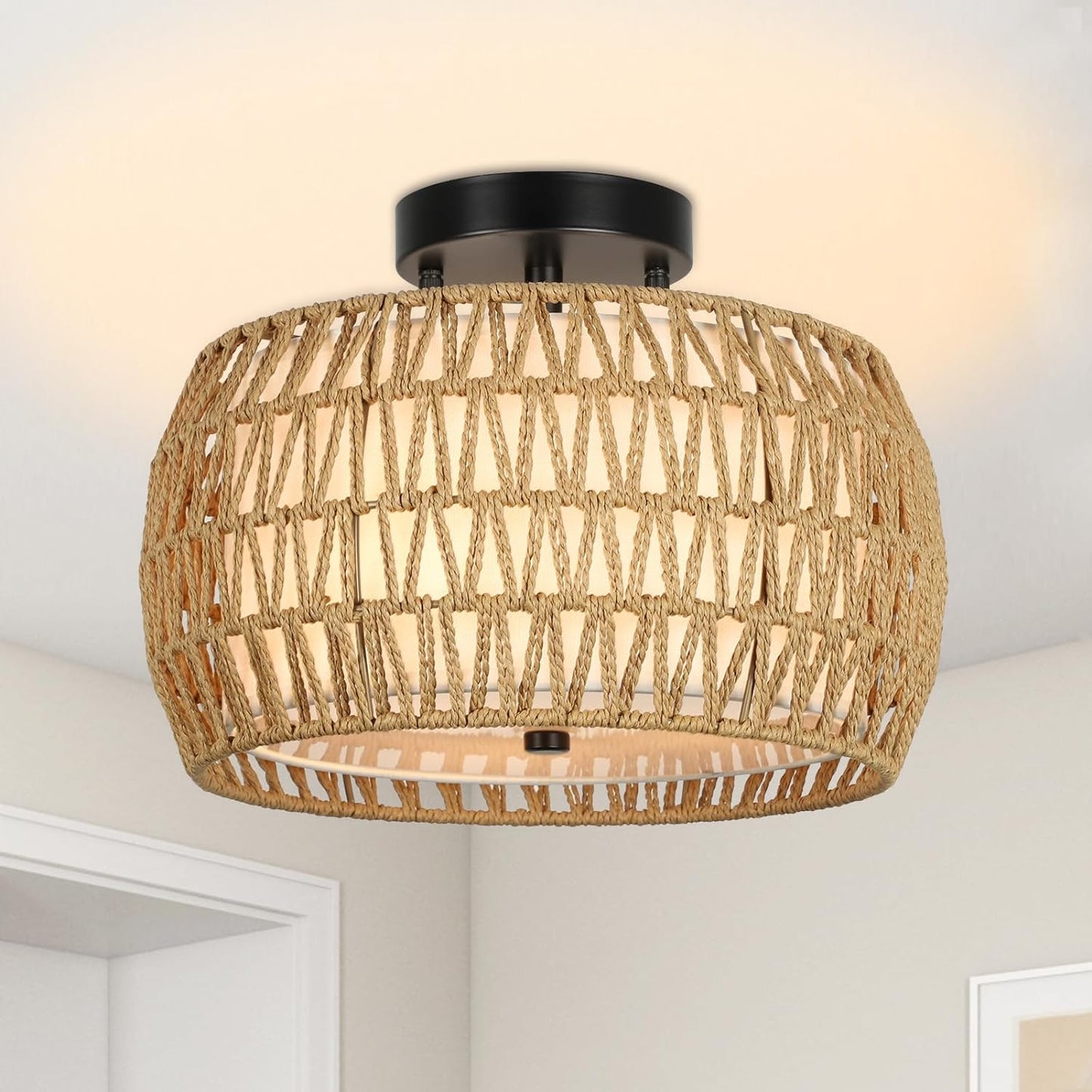 Boho Rattan Semi-Flush Mount Ceiling Light