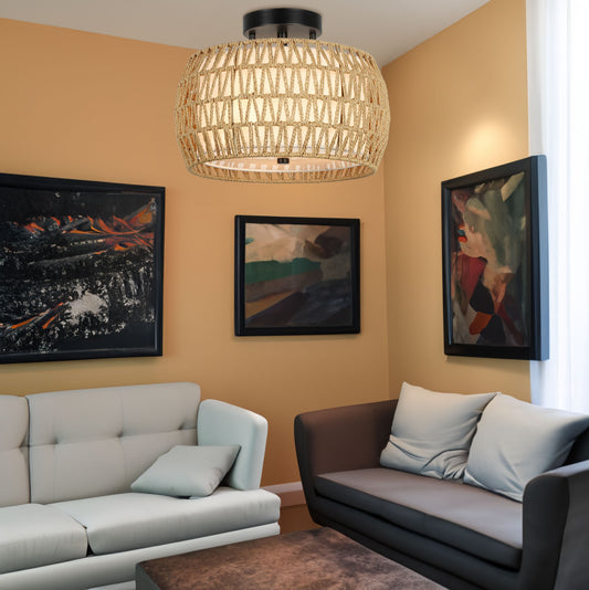 Boho Rattan Semi-Flush Mount Ceiling Light
