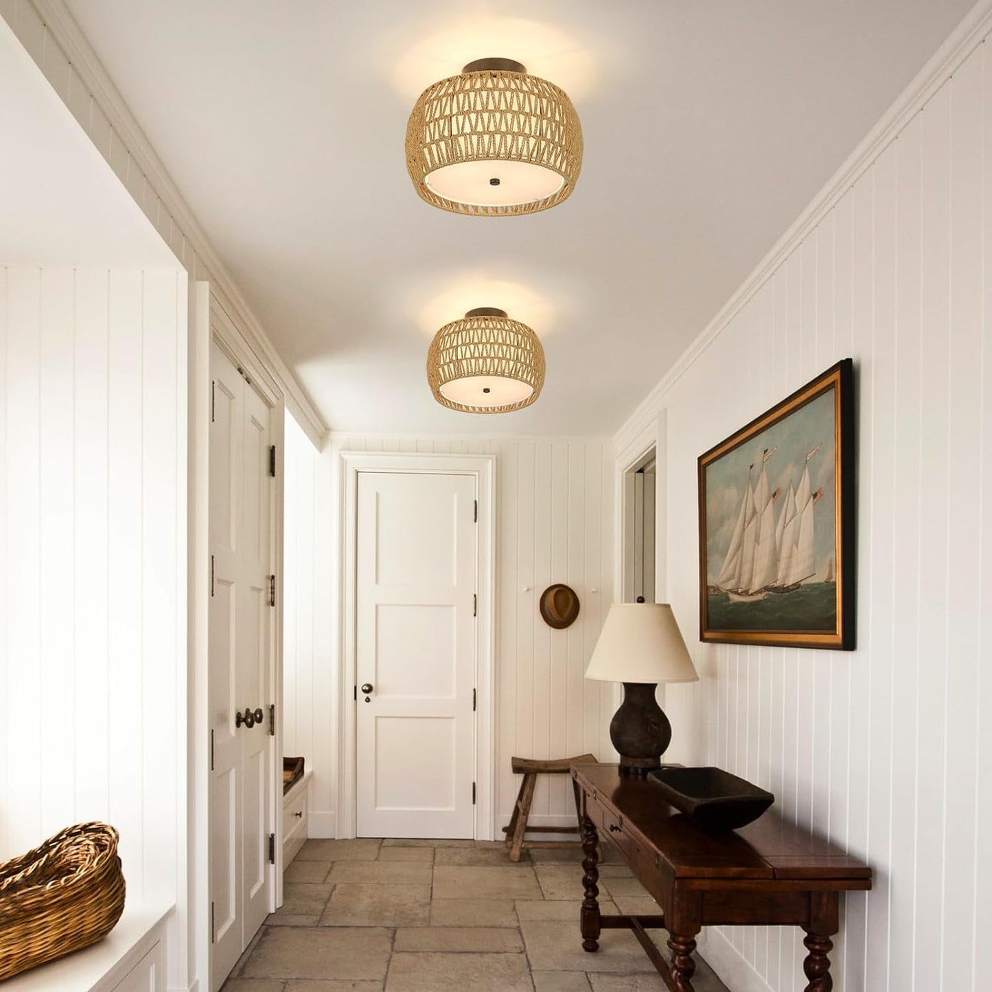 Boho Rattan Semi-Flush Mount Ceiling Light