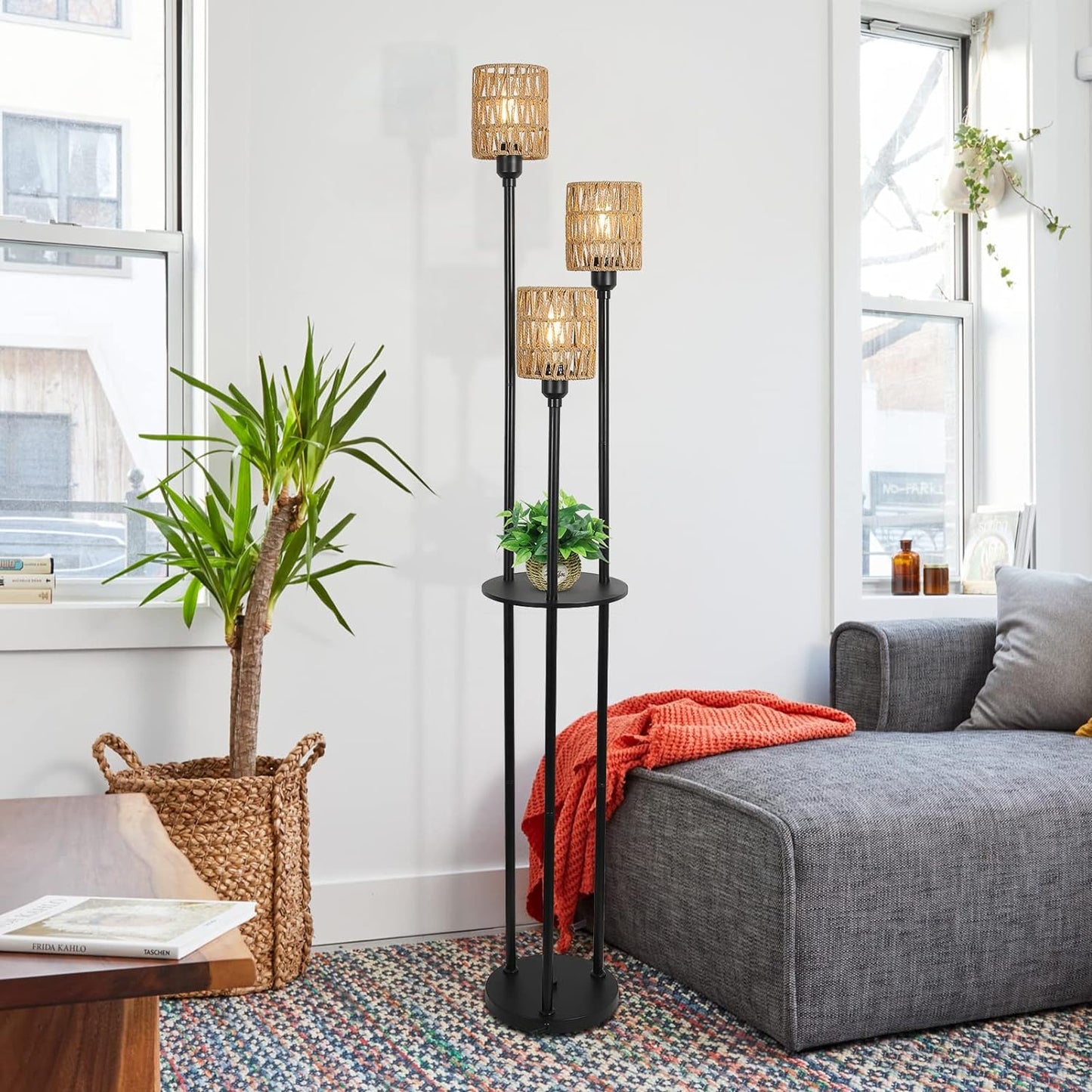 Boho Floor Lamp with Shelves