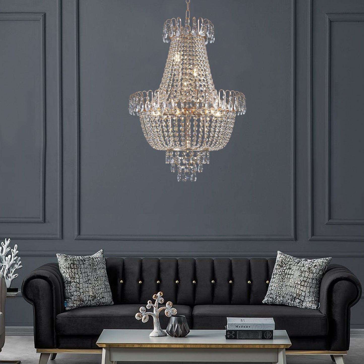 Golden crystal pendant light, large modern luxury ceiling lighting