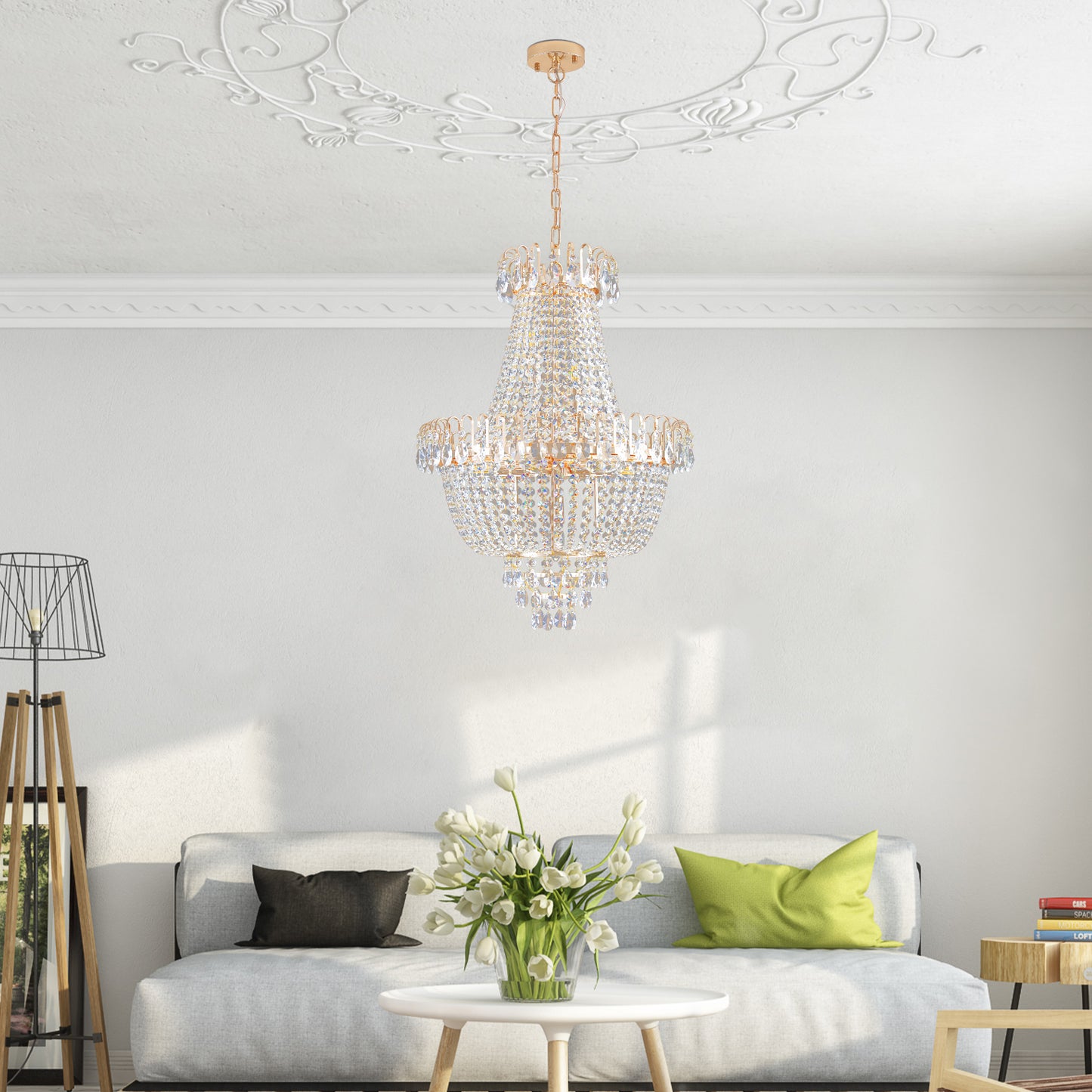 Golden crystal pendant light, large modern luxury ceiling lighting