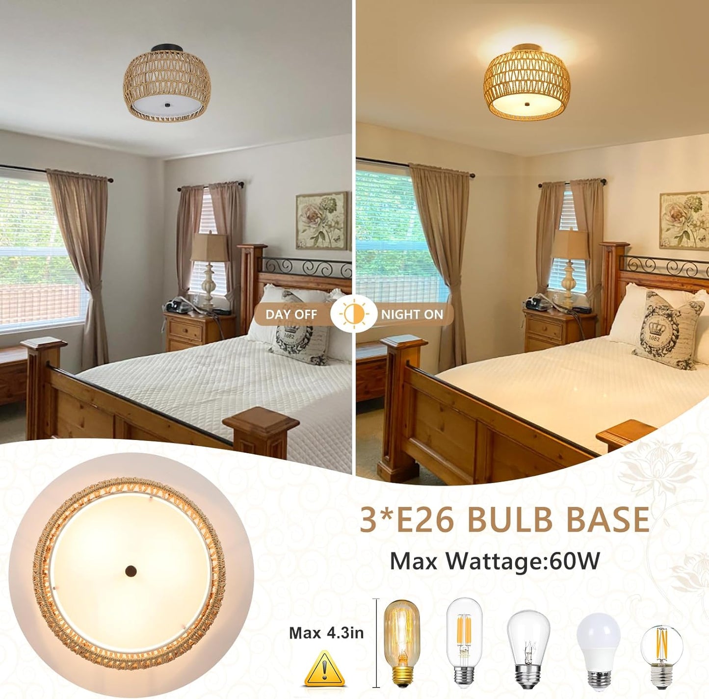 Boho Rattan Semi-Flush Mount Ceiling Light