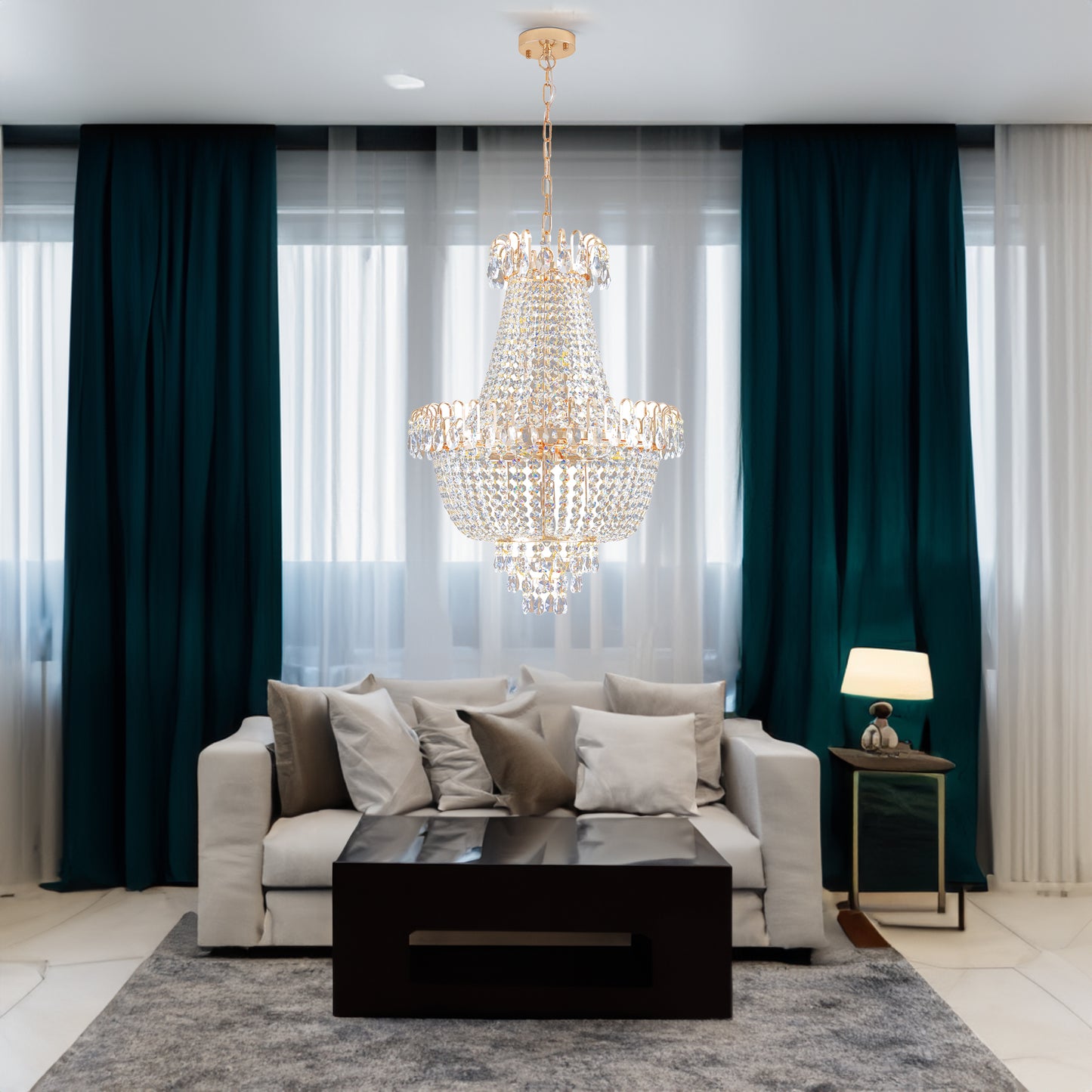 Golden crystal pendant light, large modern luxury ceiling lighting