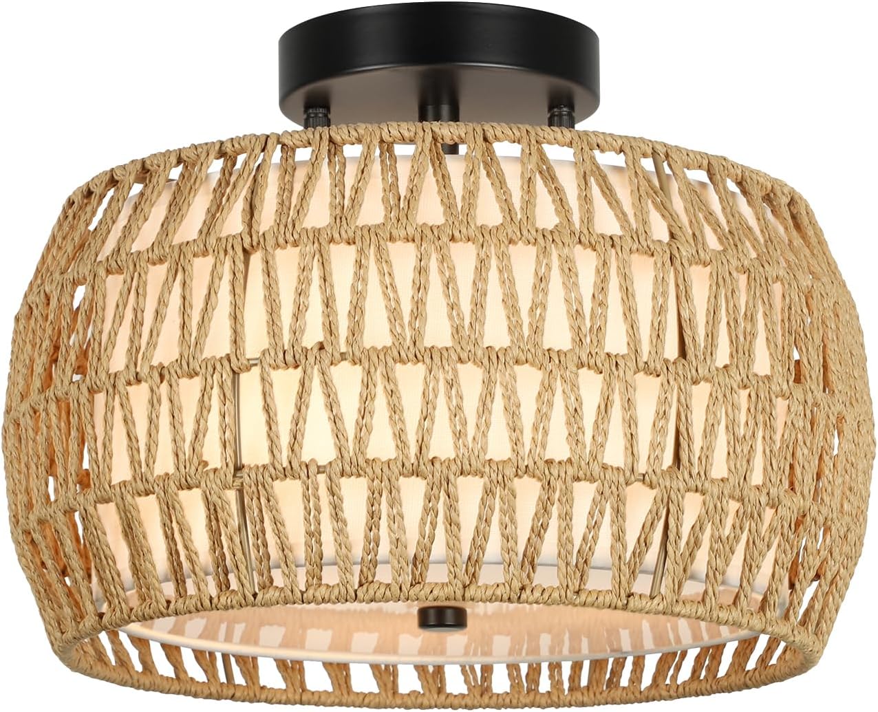 Boho Rattan Semi-Flush Mount Ceiling Light