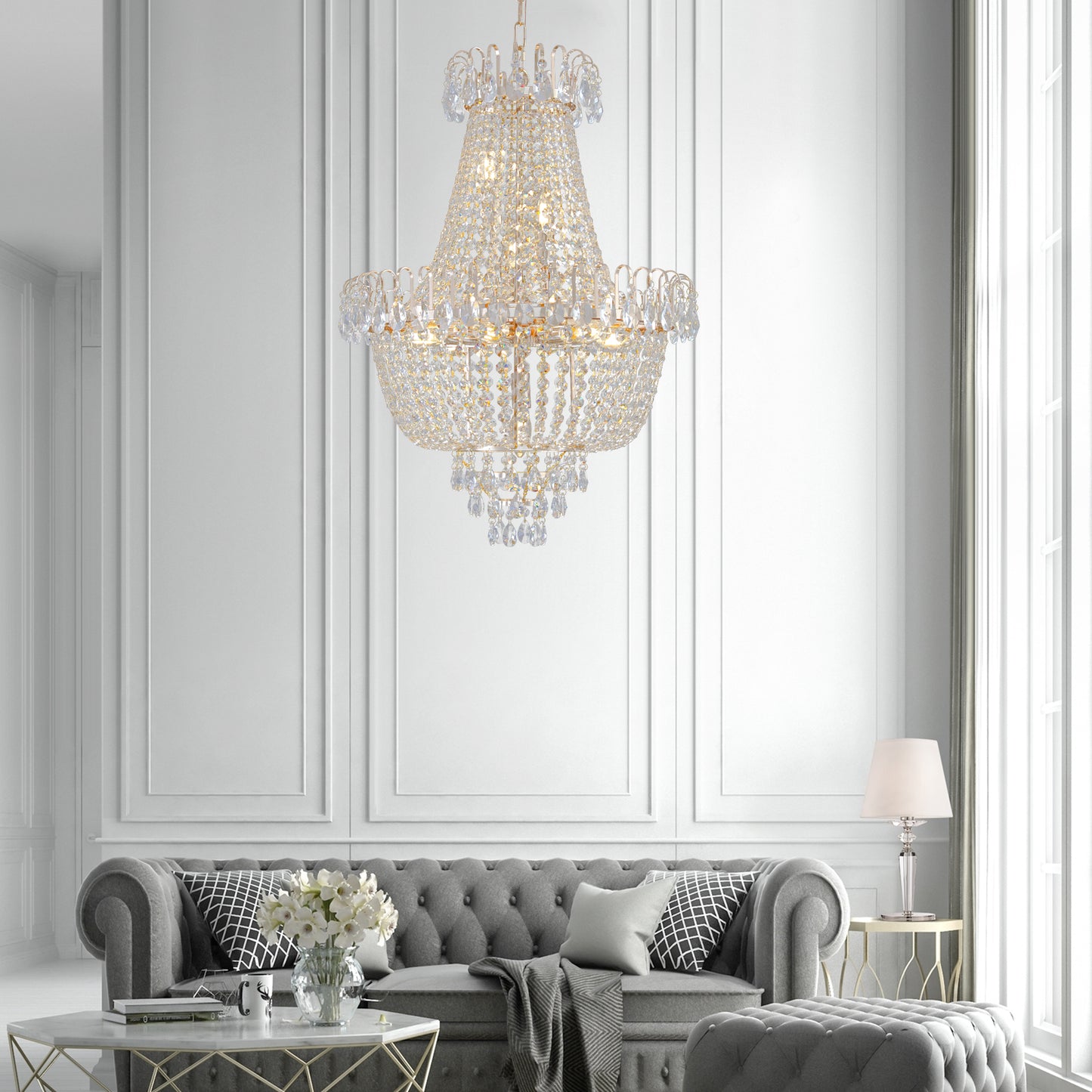 Golden crystal pendant light, large modern luxury ceiling lighting